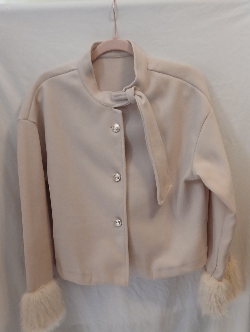 Fun Cream Tie-Neck Pea Coat with Faux Fur Cuffs